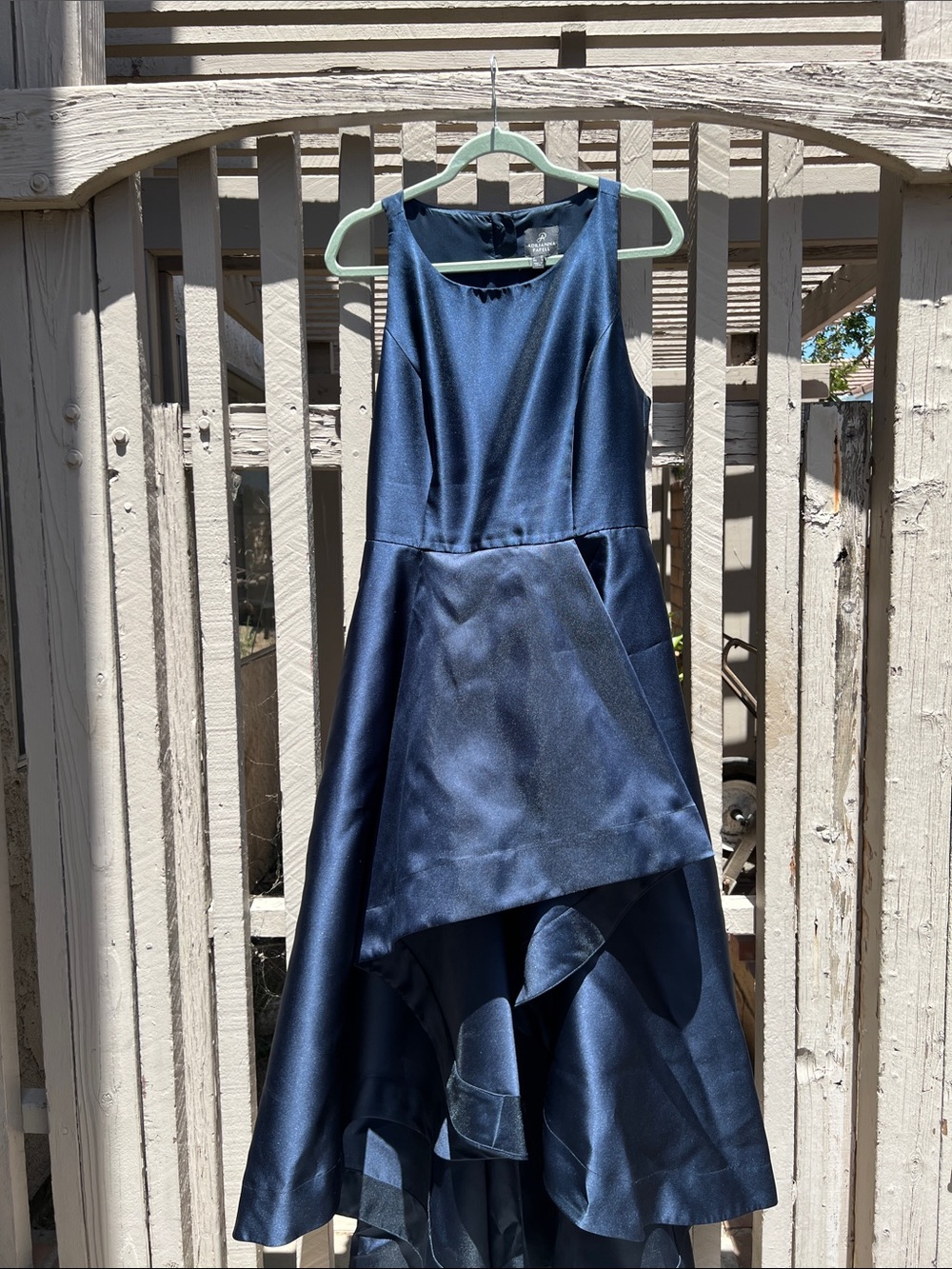 Adrianna Papell Navy Satin Evening Gown Cape with Sheer Organza Sleeves size 14 - Picture 9 of 14